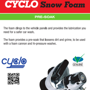 Cyclo Snow Foam Pre-Soak product page: foam loosens dirt for car wash, with Cyclo logo, a QR code, Genuine label, and a foam cannon nozzle.