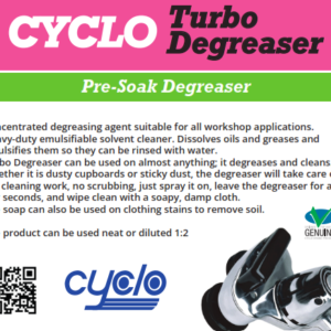 Label for Cyclo Turbo Degreaser—Pre-Soak Degreaser; concentrated workshop degreasing agent with spray nozzle image and QR code.