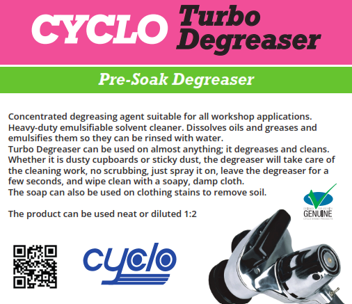 Label for Cyclo Turbo Degreaser—Pre-Soak Degreaser; concentrated workshop degreasing agent with spray nozzle image and QR code.