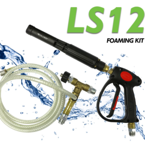 LS12 foaming kit for a pressure washer: black spray gun with red trigger, clear hose and brass fittings against a water splash
