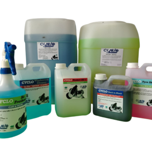 Assortment of Cyclo cleaning chemical bottles in blue, green, and pink containers on a white background (car and home cleaners)