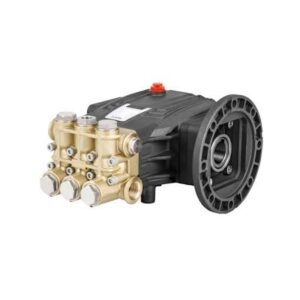 Industrial multi-port pump with brass valve block and black housing on a white background, showing four inlet/outlet ports and a mounting flange.